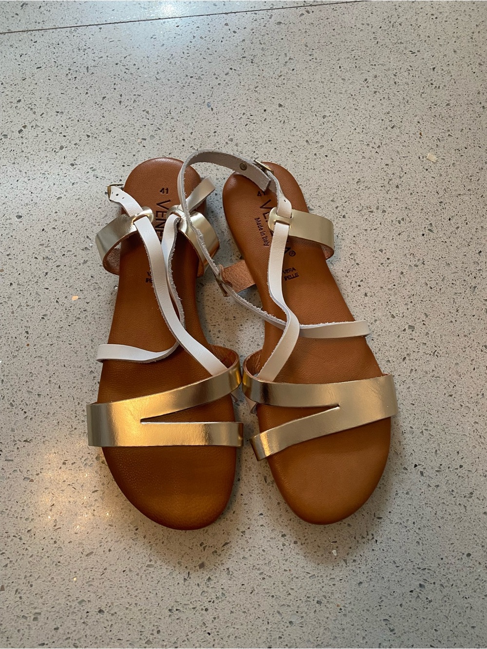 Venezia Gold and White Leather Strappy Sandals